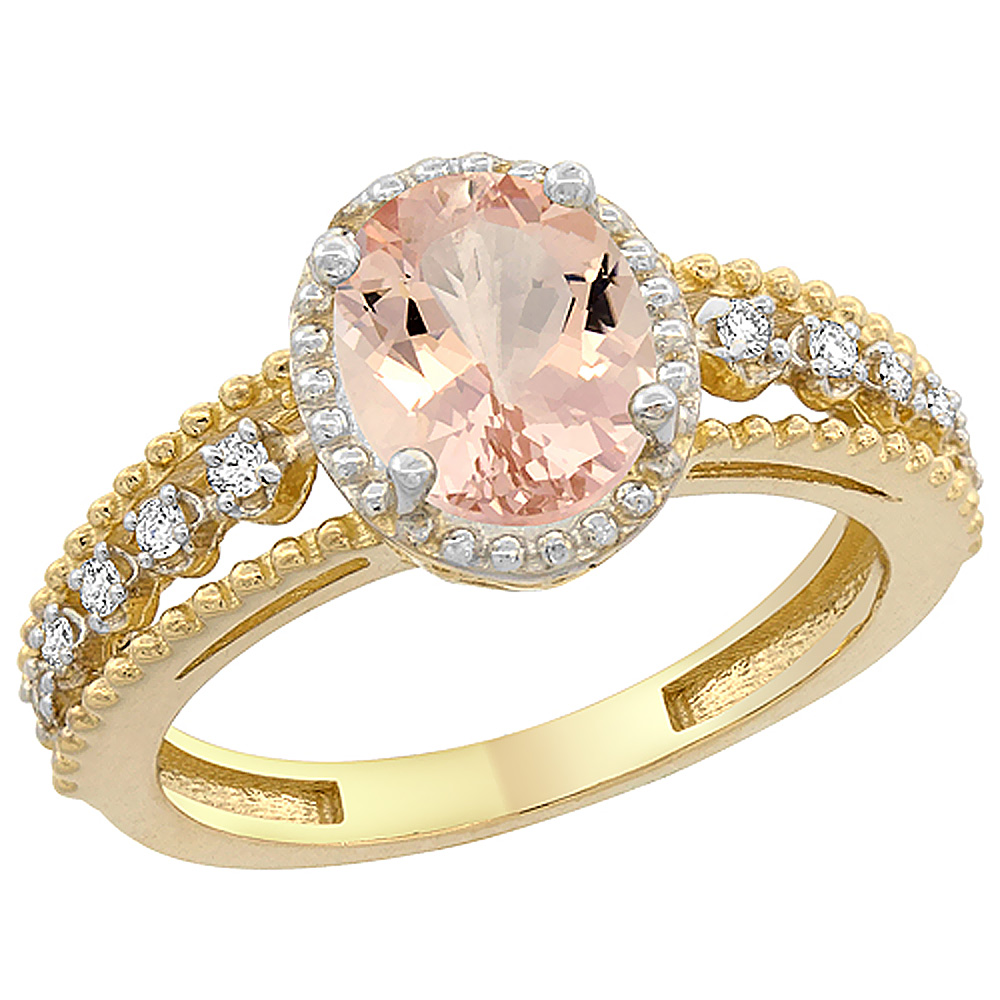 10K Yellow Gold Natural Morganite Ring Oval 9x7 mm Floating Diamond Accents, sizes 5 - 10