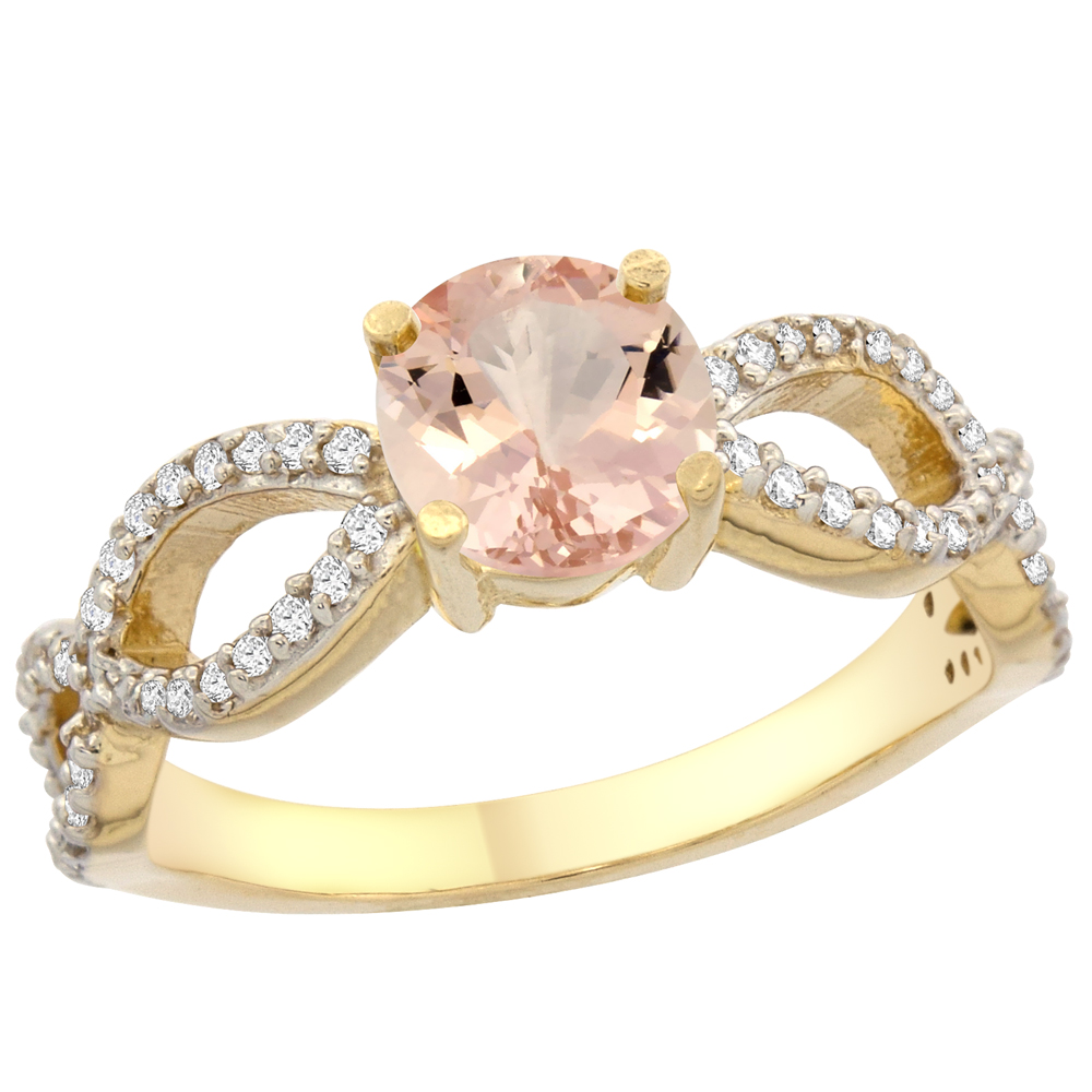 10K Yellow Gold Natural Morganite Ring Round 6mm Infinity Diamond Accents, sizes 5 - 10