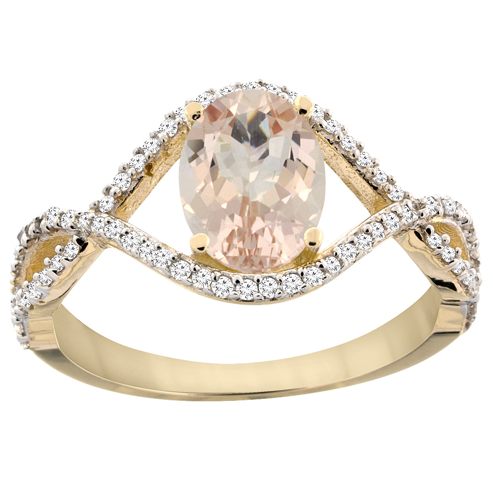 14K Yellow Gold Natural Morganite Ring Oval 8x6 mm Infinity Diamond Accents, sizes 5 - 10
