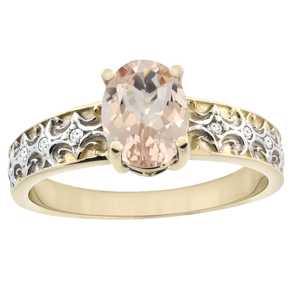 14K Yellow Gold Natural Morganite Ring Oval 8x6 mm Diamond Accents, sizes 5 - 10