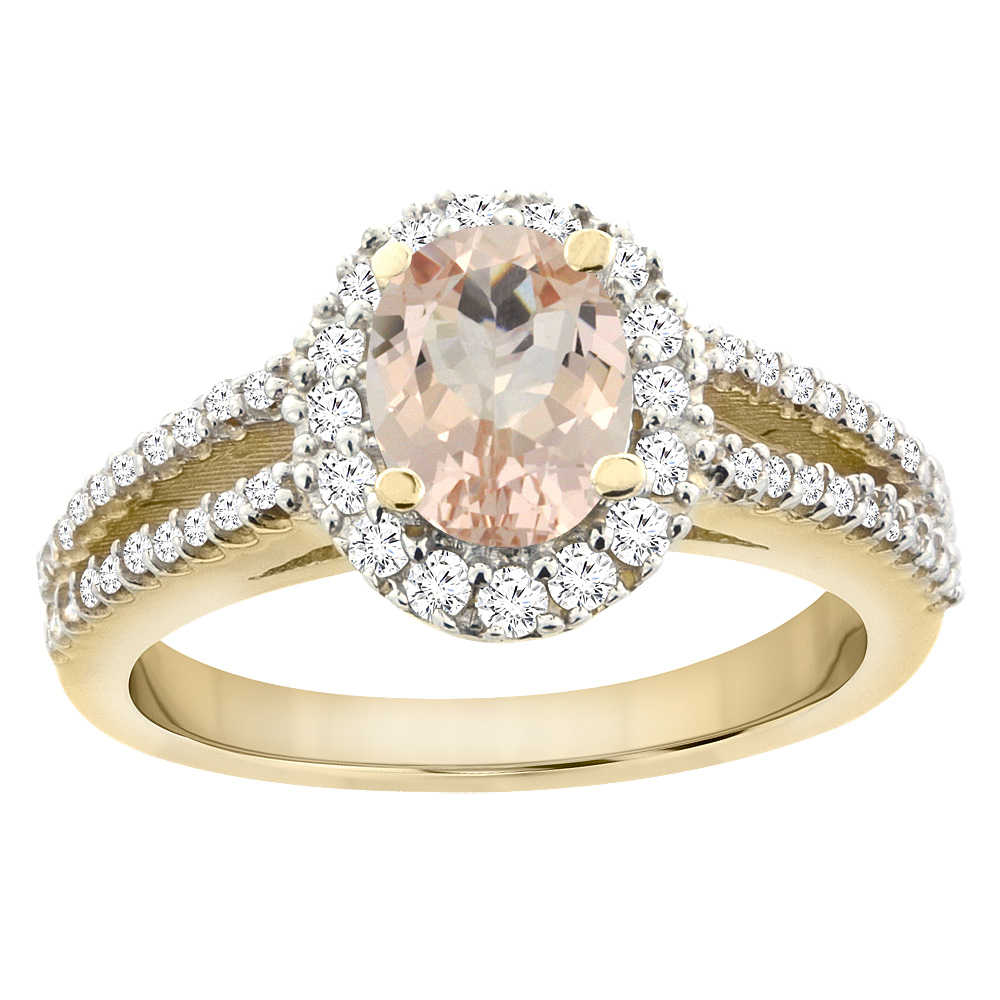 10K Yellow Gold Natural Morganite Split Shank Halo Engagement Ring Oval 7x5 mm, sizes 5 - 10