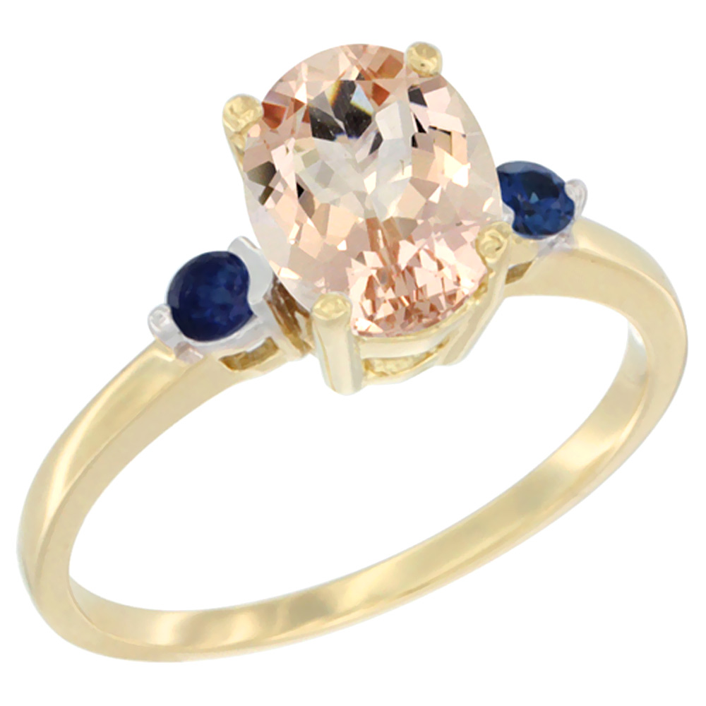 10K Yellow Gold Natural Morganite Ring Oval 9x7 mm Blue Sapphire Accent, sizes 5 to 10