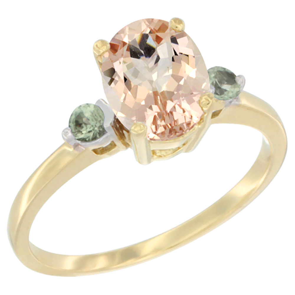 14K Yellow Gold Natural Morganite Ring Oval 9x7 mm Green Sapphire Accent, sizes 5 to 10