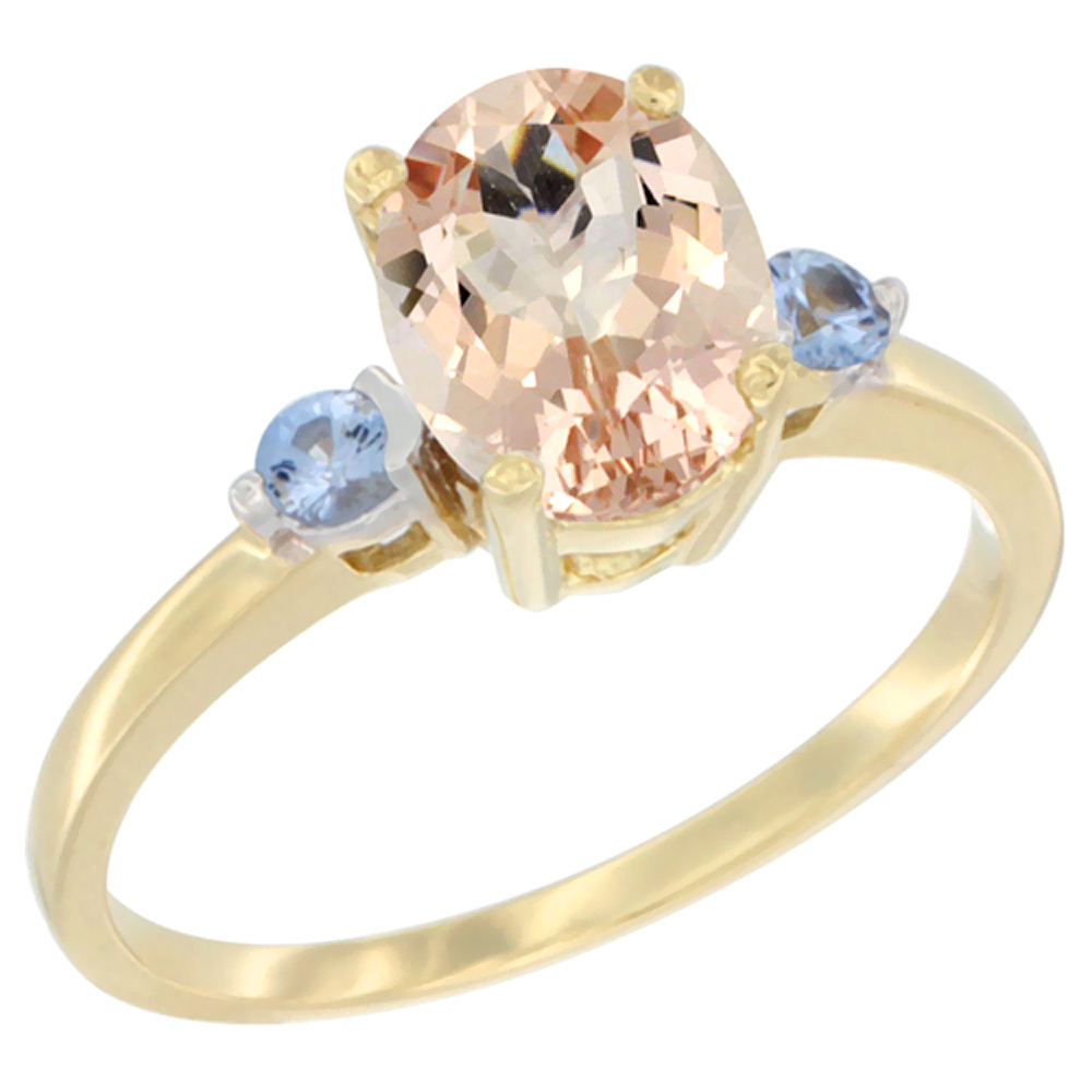 14K Yellow Gold Natural Morganite Ring Oval 9x7 mm Light Blue Sapphire Accent, sizes 5 to 10