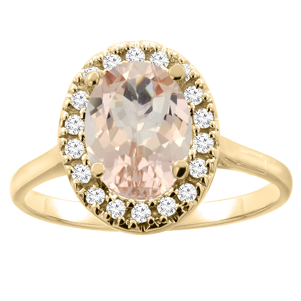 14K Gold Natural Morganite Halo Ring Oval 9x7mm Diamond Accent, sizes 5 - 10