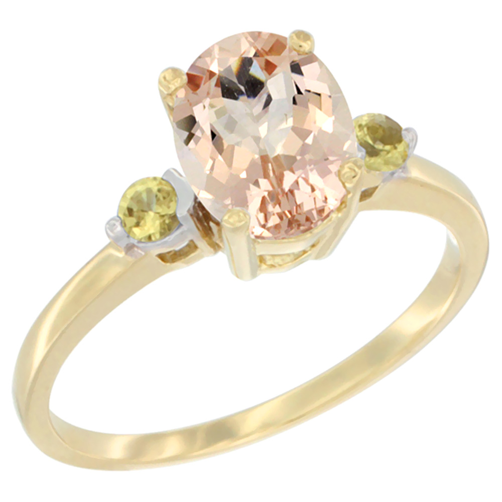 14K Yellow Gold Natural Morganite Ring Oval 9x7 mm Yellow Sapphire Accent, sizes 5 to 10