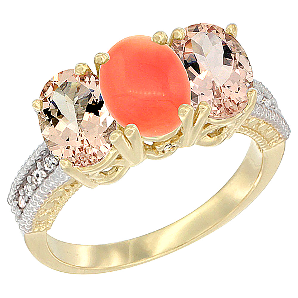 14K Yellow Gold Natural Coral &amp; Morganite Sides Ring 3-Stone Oval 7x5 mm Diamond Accent, sizes 5 - 10