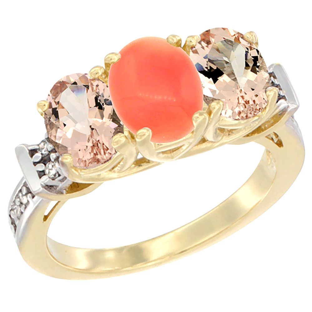 10K Yellow Gold Natural Coral & Morganite Sides Ring 3-Stone Oval Diamond Accent, sizes 5 - 10