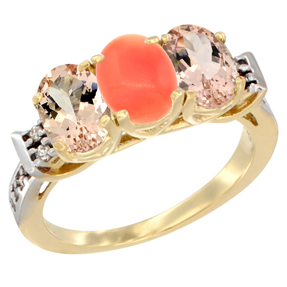 10K Yellow Gold Natural Coral &amp; Morganite Sides Ring 3-Stone Oval 7x5 mm Diamond Accent, sizes 5 - 10