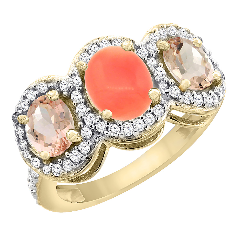 14K Yellow Gold Natural Coral & Morganite 3-Stone Ring Oval Diamond Accent, sizes 5 - 10