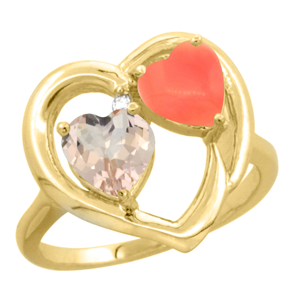 10K Yellow Gold Diamond Two-stone Heart Ring 6mm Natural Morganite &amp; Coral, sizes 5-10