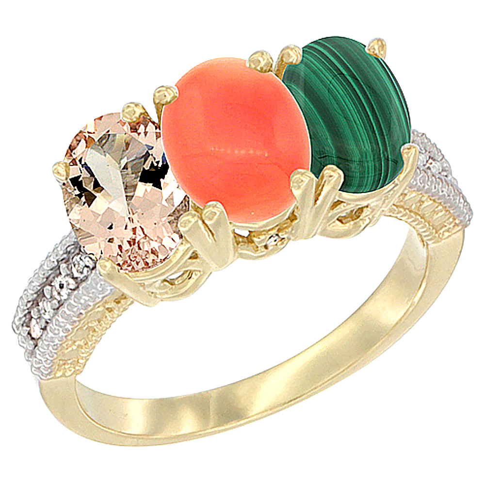 10K Yellow Gold Natural Morganite, Coral &amp; Malachite Ring 3-Stone Oval 7x5 mm, sizes 5 - 10
