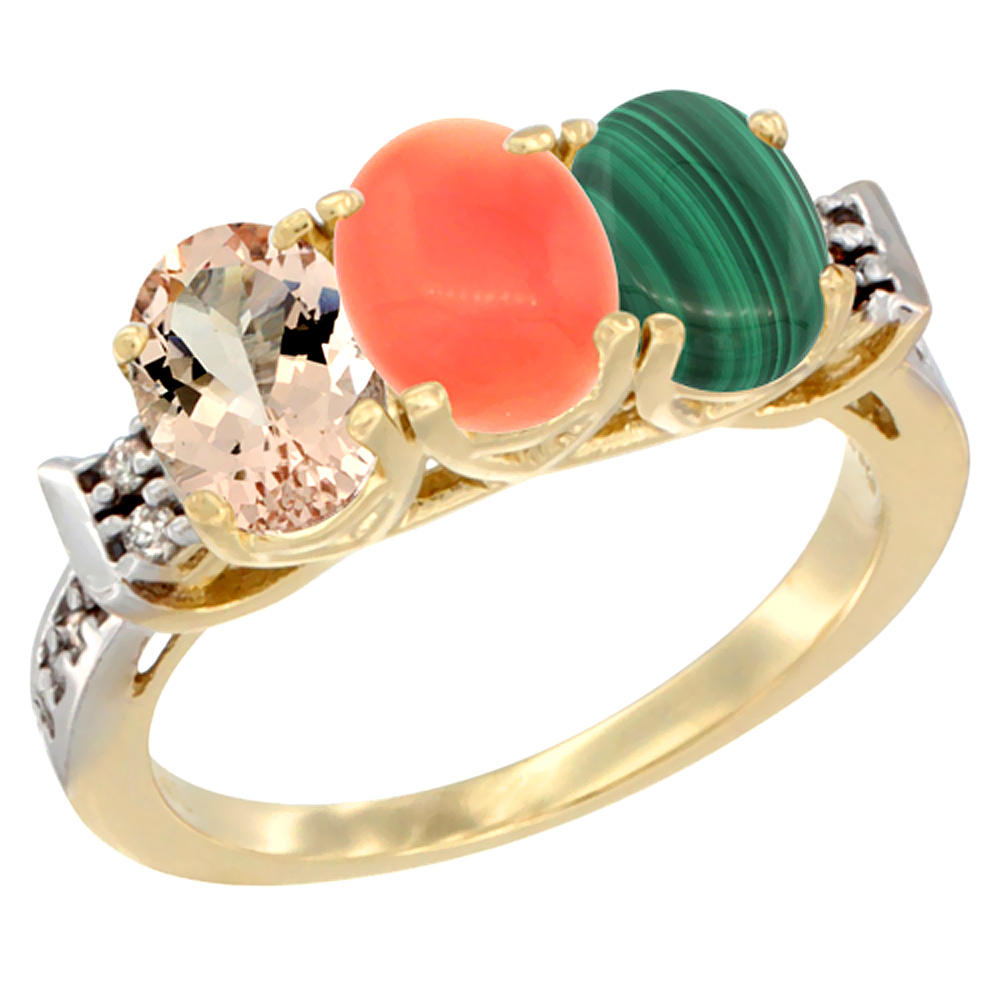 10K Yellow Gold Natural Morganite, Coral &amp; Malachite Ring 3-Stone Oval 7x5 mm Diamond Accent, sizes 5 - 10