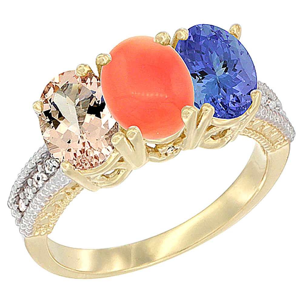 14K Yellow Gold Natural Morganite, Coral &amp; Tanzanite Ring 3-Stone Oval 7x5 mm Diamond Accent, sizes 5 - 10