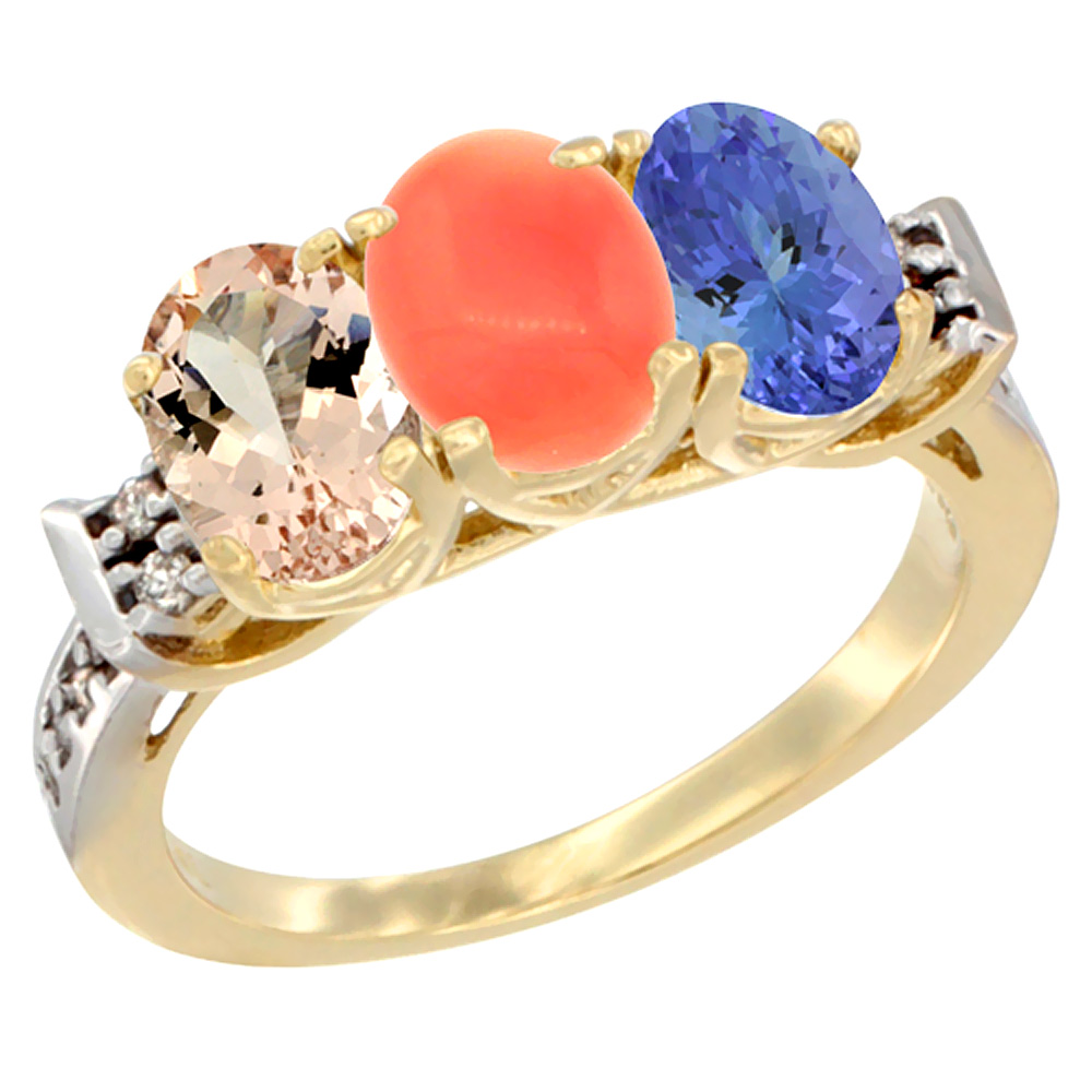 14K Yellow Gold Natural Morganite, Coral &amp; Tanzanite Ring 3-Stone Oval 7x5 mm Diamond Accent, sizes 5 - 10