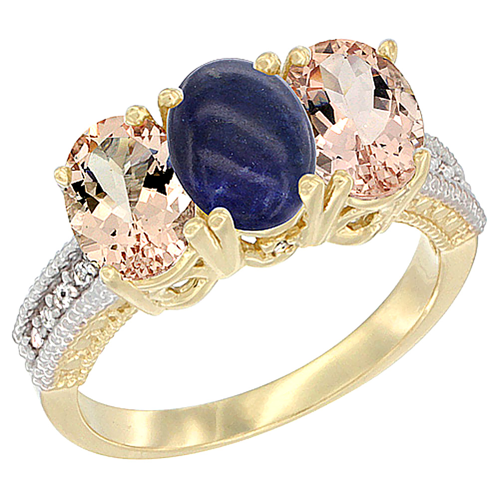 14K Yellow Gold Natural Lapis & Morganite Sides Ring 3-Stone Oval 7x5 mm Diamond Accent, sizes 5 - 10