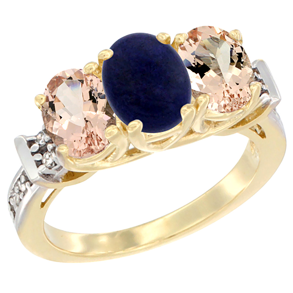 10K Yellow Gold Natural Lapis & Morganite Sides Ring 3-Stone Oval Diamond Accent, sizes 5 - 10