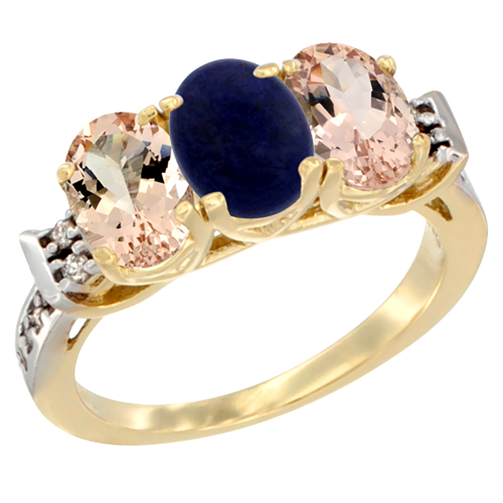 10K Yellow Gold Natural Lapis &amp; Morganite Sides Ring 3-Stone Oval 7x5 mm Diamond Accent, sizes 5 - 10