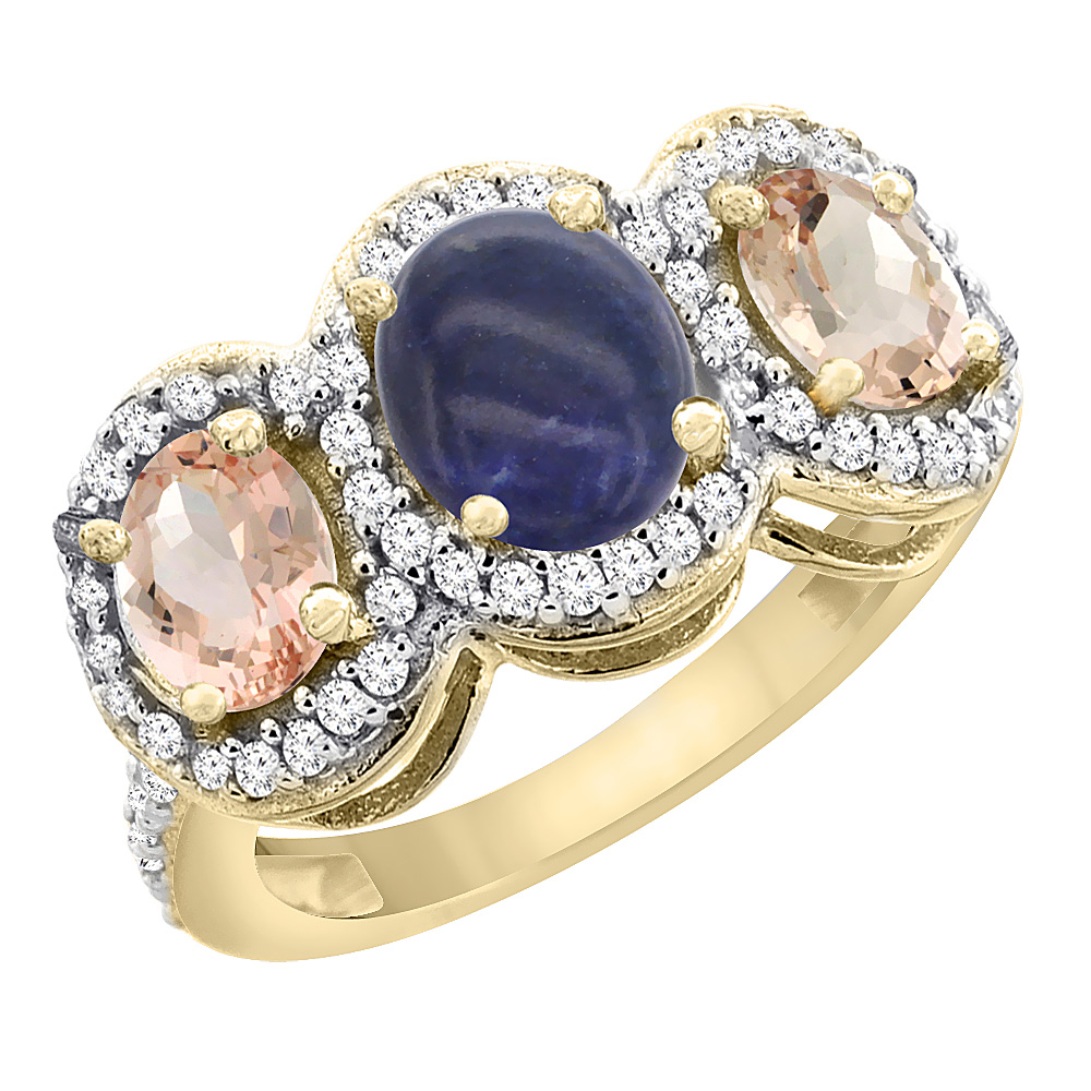 10K Yellow Gold Natural Lapis &amp; Morganite 3-Stone Ring Oval Diamond Accent, sizes 5 - 10