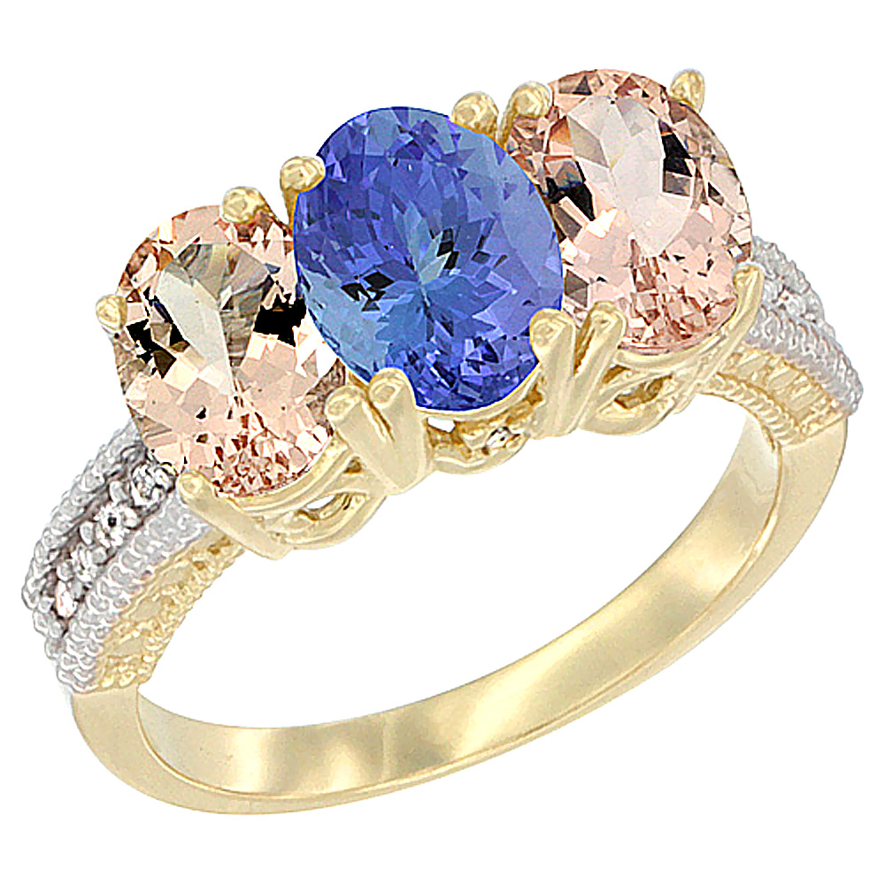 14K Yellow Gold Natural Tanzanite & Morganite Sides Ring 3-Stone Oval 7x5 mm Diamond Accent, sizes 5 - 10