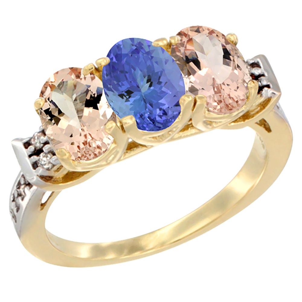 10K Yellow Gold Natural Tanzanite & Morganite Sides Ring 3-Stone Oval 7x5 mm Diamond Accent, sizes 5 - 10