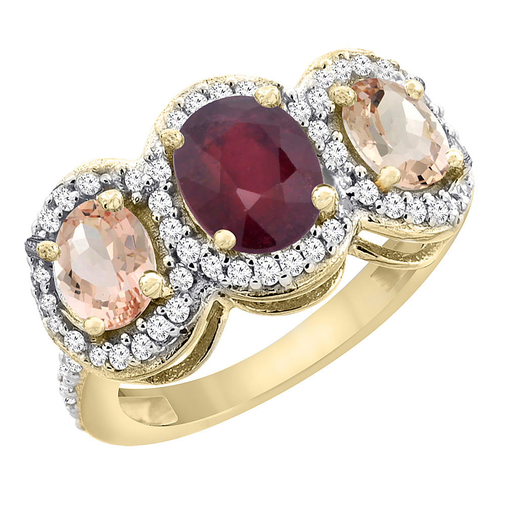 14K Yellow Gold Natural Quality Ruby & Morganite 3-stone Mothers Ring Oval Diamond Accent, size 5 - 10