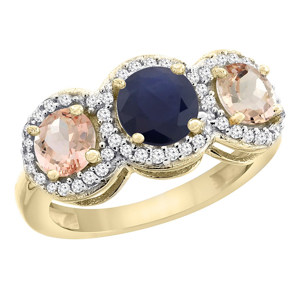 14K Yellow Gold Natural High Quality Blue Sapphire & Morganite Sides Round 3-stone Ring Diamond Accents, sizes 5 - 10