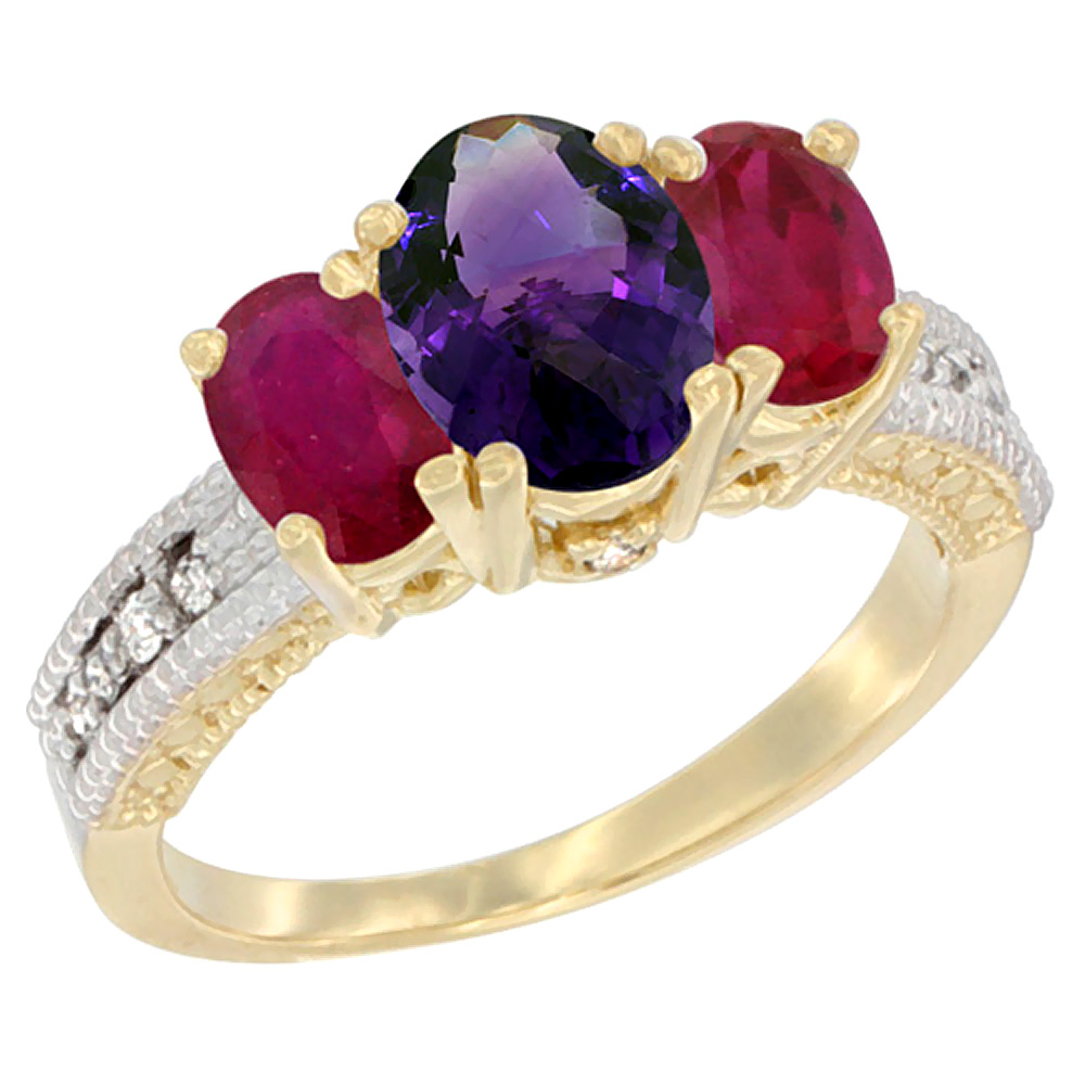 10K Yellow Gold Diamond Natural Amethyst Ring Oval 3-stone with Enhanced Ruby, sizes 5 - 10