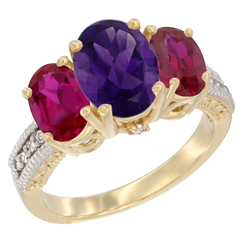 14K Yellow Gold Diamond Natural Amethyst Ring 3-Stone Oval 8x6mm with Ruby, sizes5-10