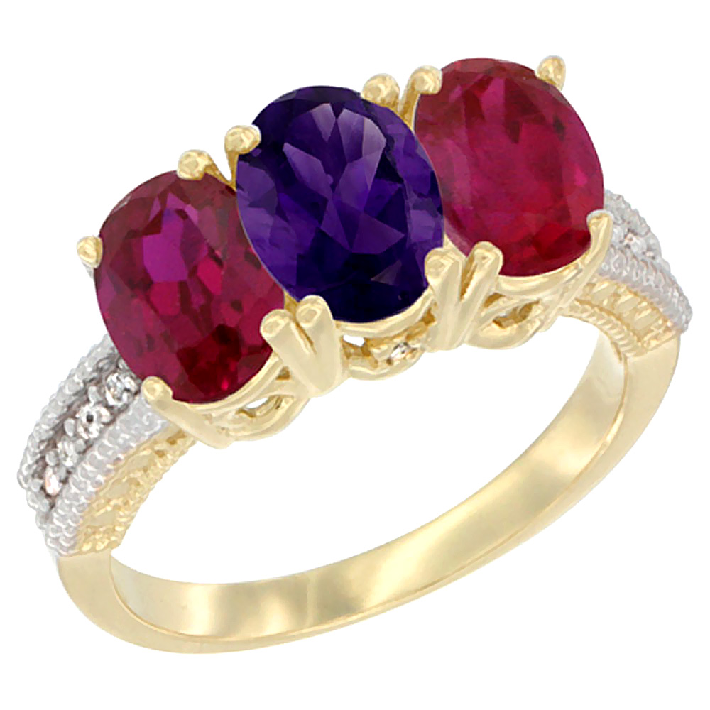 10K Yellow Gold Natural Amethyst &amp; Enhanced Ruby Ring 3-Stone Oval 7x5 mm, sizes 5 - 10