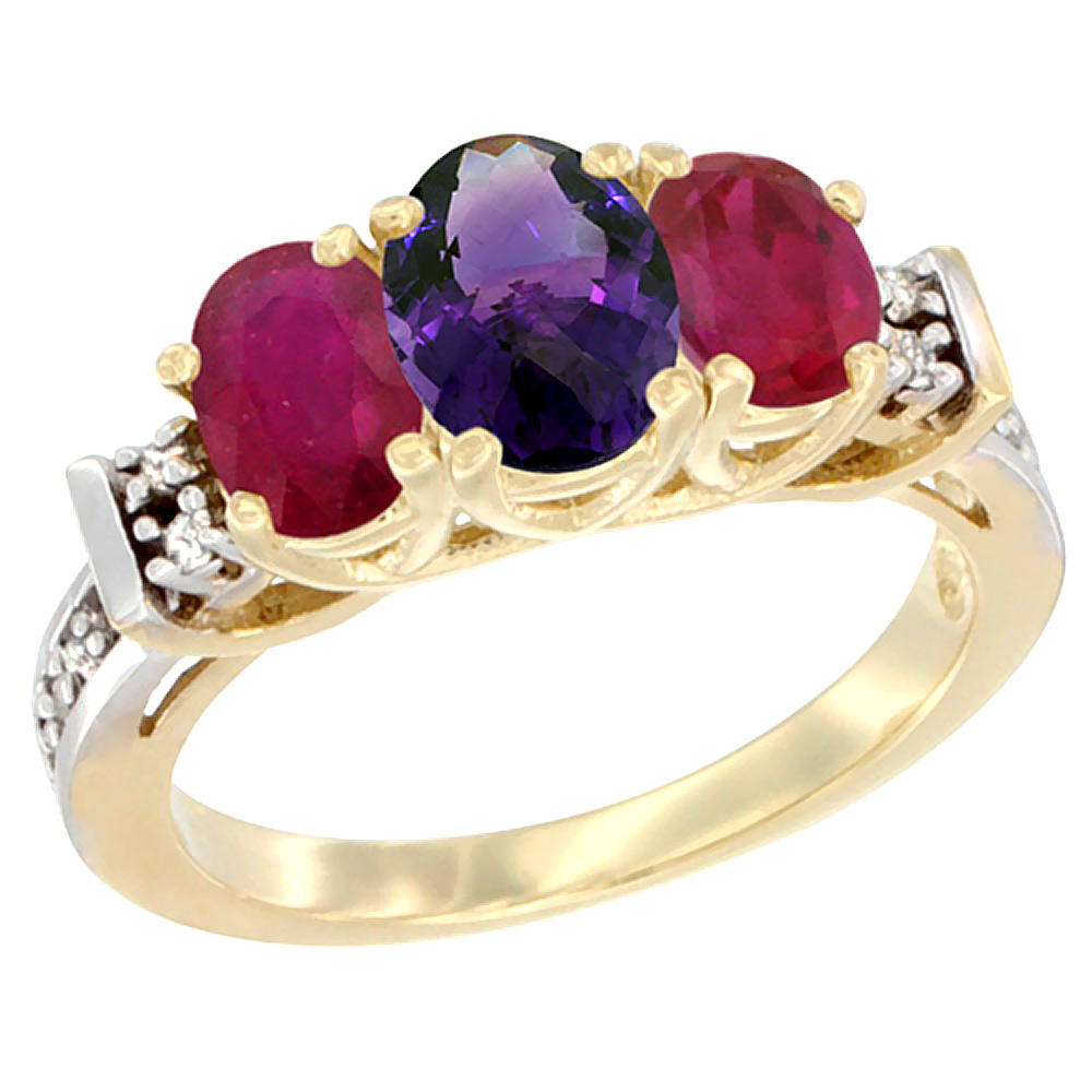 14K Yellow Gold Natural Amethyst &amp; Enhanced Ruby Ring 3-Stone Oval Diamond Accent