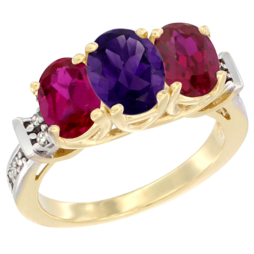 10K Yellow Gold Natural Amethyst &amp; Enhanced Ruby Sides Ring 3-Stone Oval Diamond Accent, sizes 5 - 10