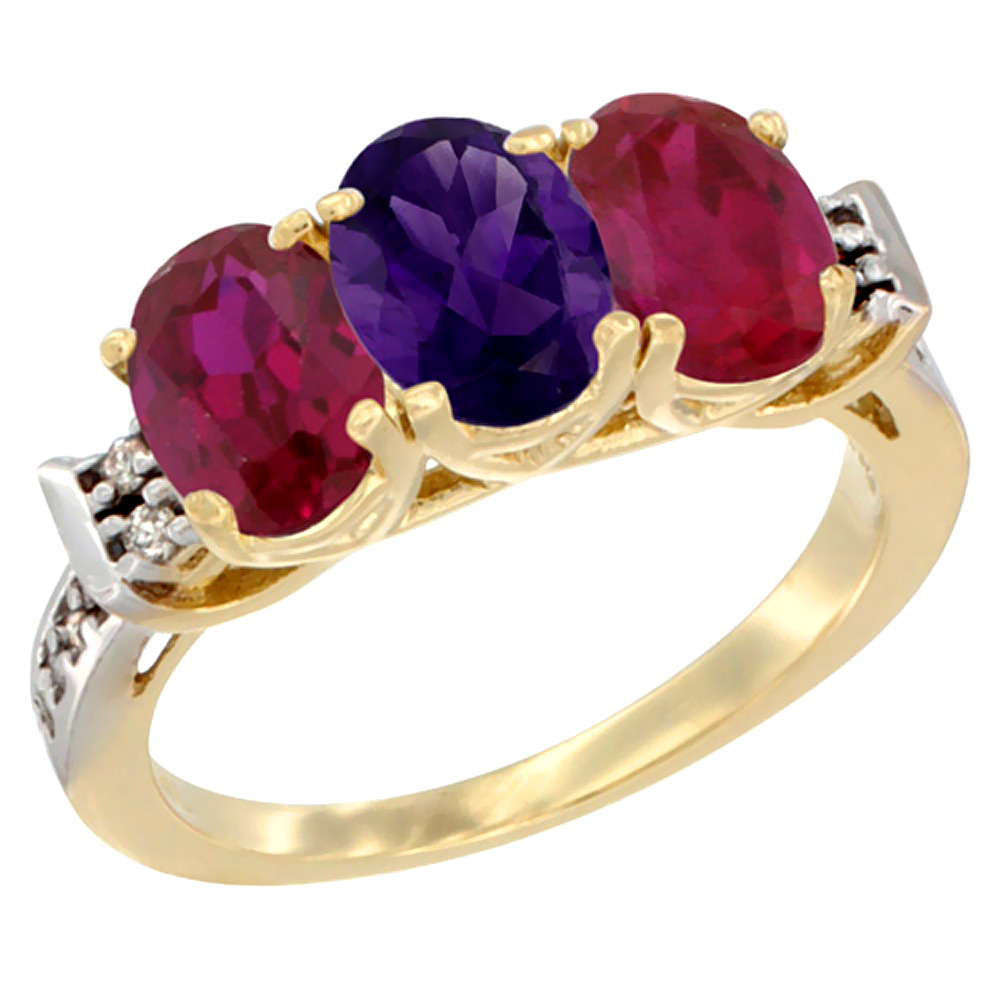 14K Yellow Gold Natural Amethyst & Enhanced Ruby Sides Ring 3-Stone Oval 7x5 mm Diamond Accent, sizes 5 - 10