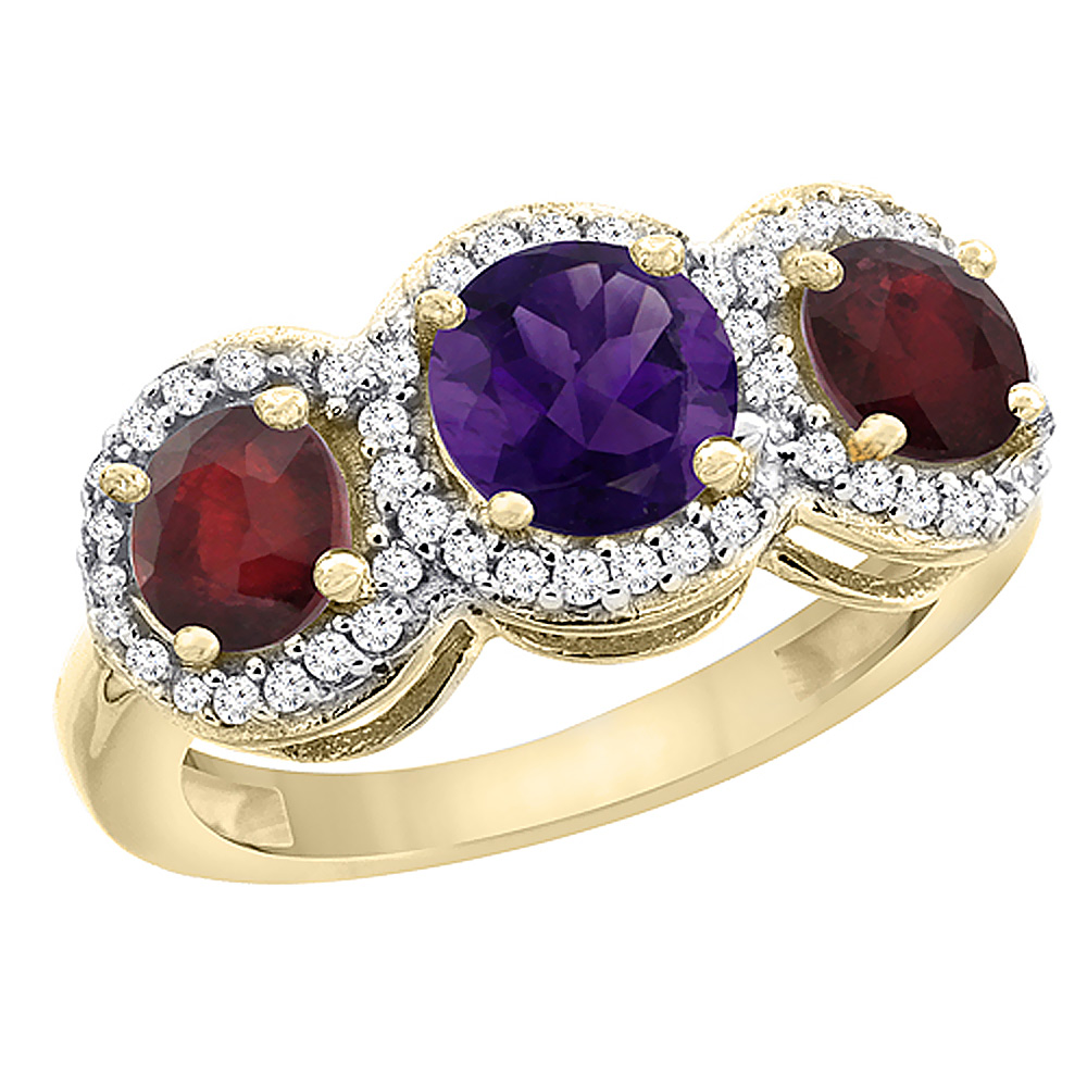 14K Yellow Gold Natural Amethyst & Enhanced Ruby Sides Round 3-stone Ring Diamond Accents, sizes 5 - 10