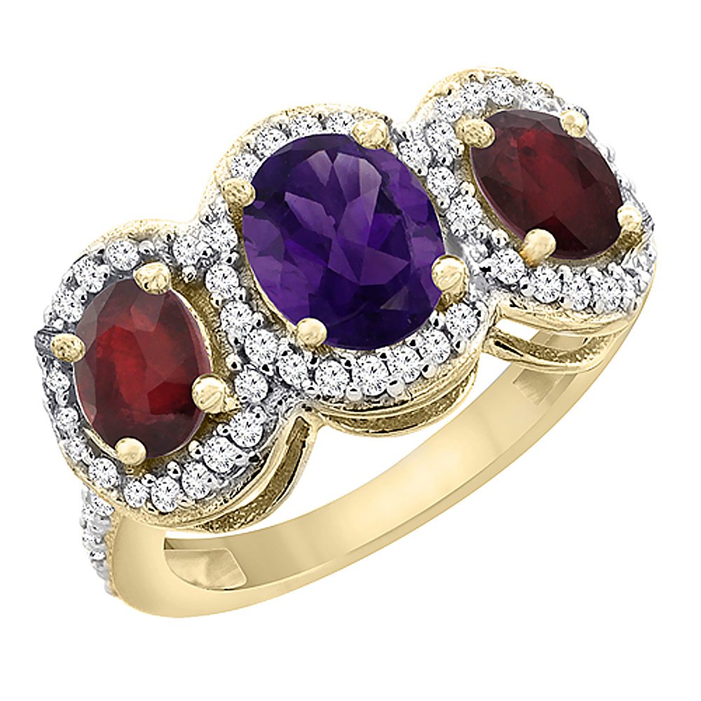 10K Yellow Gold Natural Amethyst &amp; Enhanced Ruby 3-Stone Ring Oval Diamond Accent, sizes 5 - 10