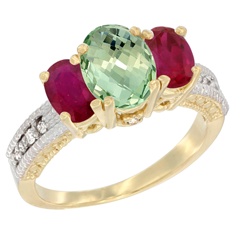 14K Yellow Gold Diamond Natural Green Amethyst Ring Oval 3-stone with Enhanced Ruby, sizes 5 - 10