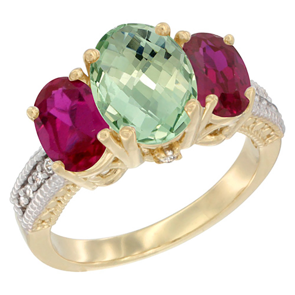 10K Yellow Gold Diamond Natural Green Amethyst Ring 3-Stone Oval 8x6mm with Ruby, sizes5-10