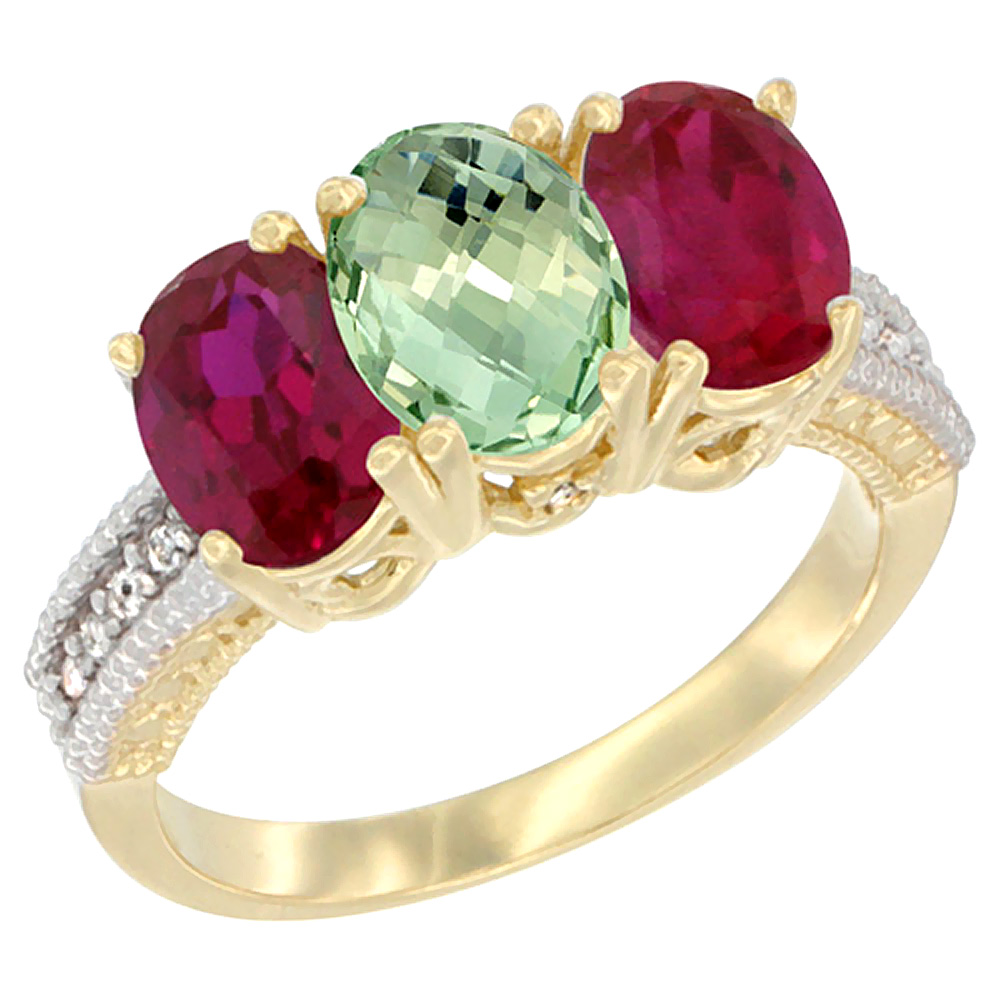 14K Yellow Gold Natural Green Amethyst &amp; Enhanced Ruby Sides Ring 3-Stone Oval 7x5 mm Diamond Accent, sizes 5 - 10
