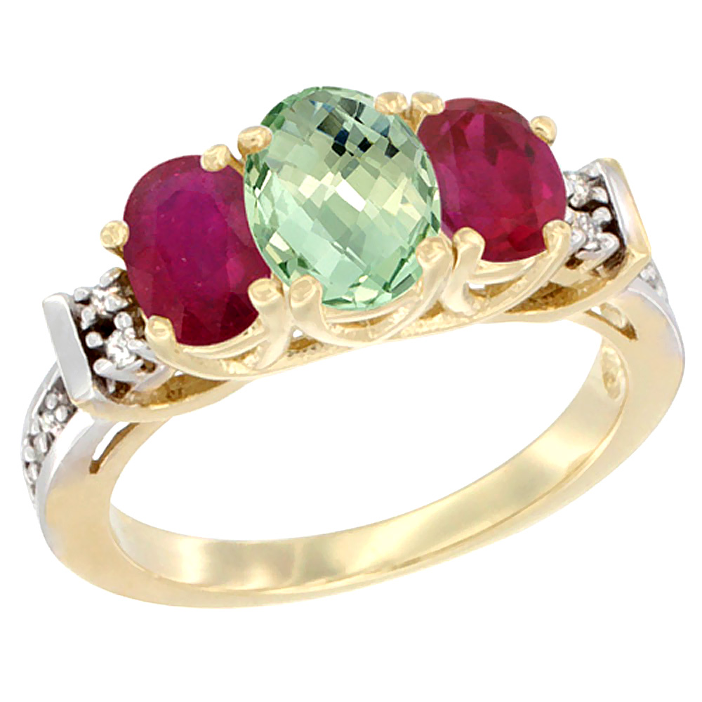 14K Yellow Gold Natural Green Amethyst & Enhanced Ruby Ring 3-Stone Oval Diamond Accent
