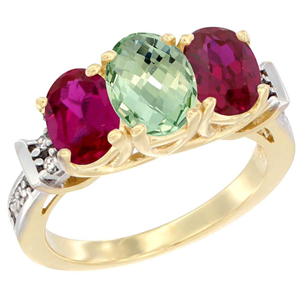10K Yellow Gold Natural Green Amethyst &amp; Enhanced Ruby Sides Ring 3-Stone Oval Diamond Accent, sizes 5 - 10