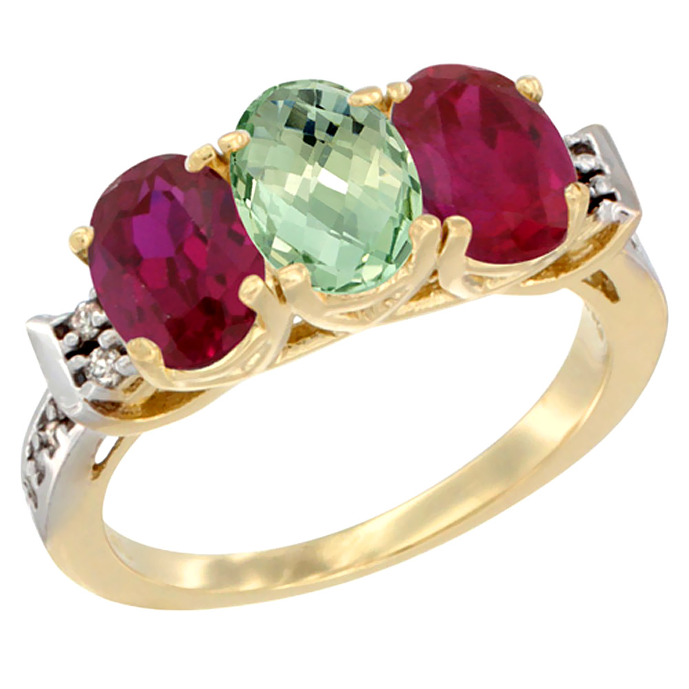10K Yellow Gold Natural Green Amethyst & Enhanced Ruby Sides Ring 3-Stone Oval 7x5 mm Diamond Accent, sizes 5 - 10
