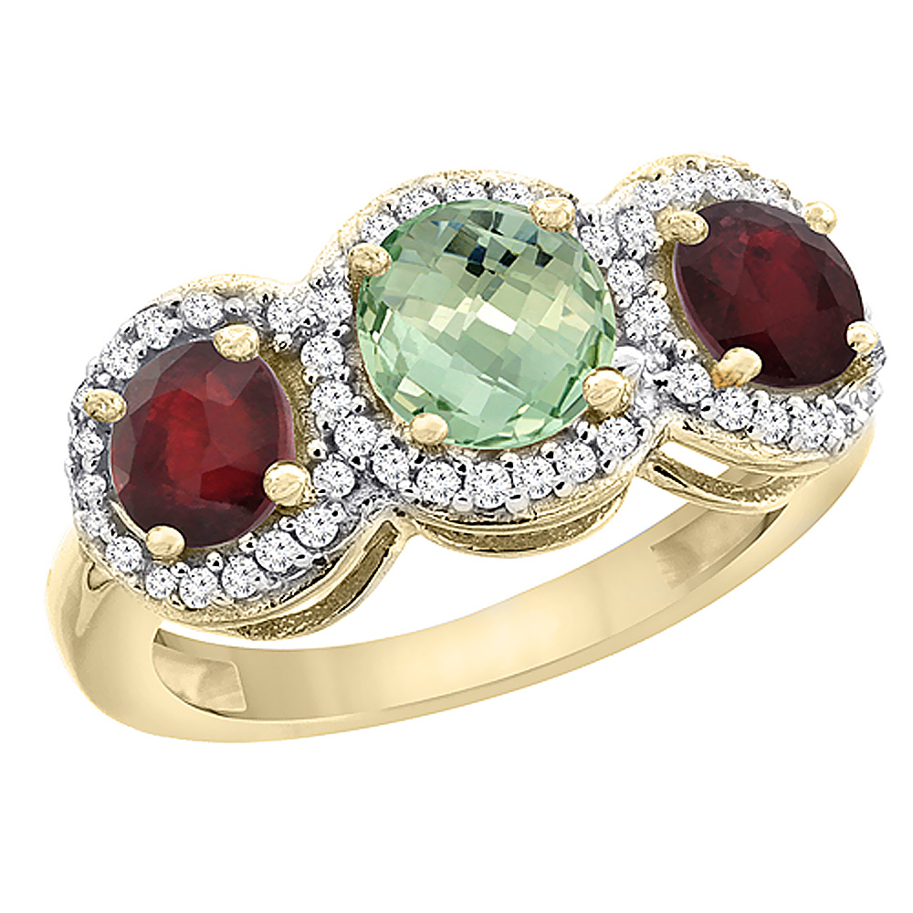 14K Yellow Gold Natural Green Amethyst &amp; Enhanced Ruby Sides Round 3-stone Ring Diamond Accents, sizes 5 - 10