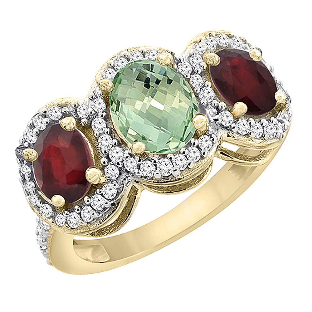 14K Yellow Gold Natural Green Amethyst &amp; Enhanced Ruby 3-Stone Ring Oval Diamond Accent, sizes 5 - 10