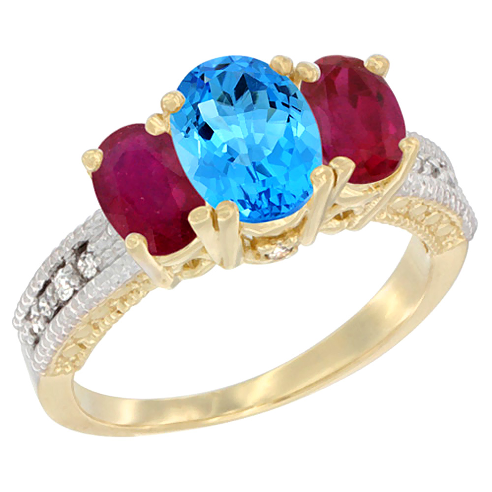 10K Yellow Gold Diamond Natural Swiss Blue Topaz Ring Oval 3-stone with Enhanced Ruby, sizes 5 - 10
