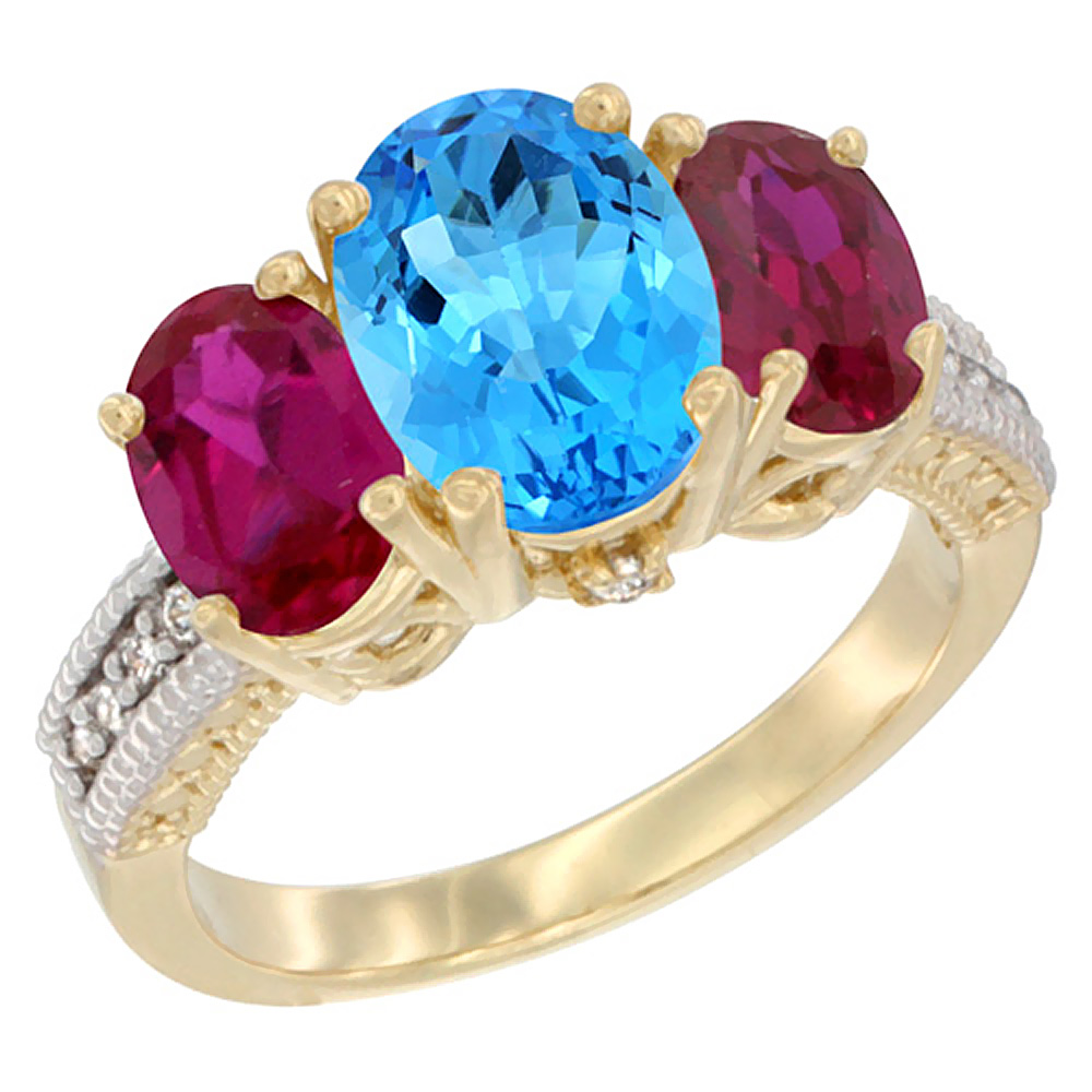 10K Yellow Gold Diamond Natural Swiss Blue Topaz Ring 3-Stone Oval 8x6mm with Ruby, sizes5-10