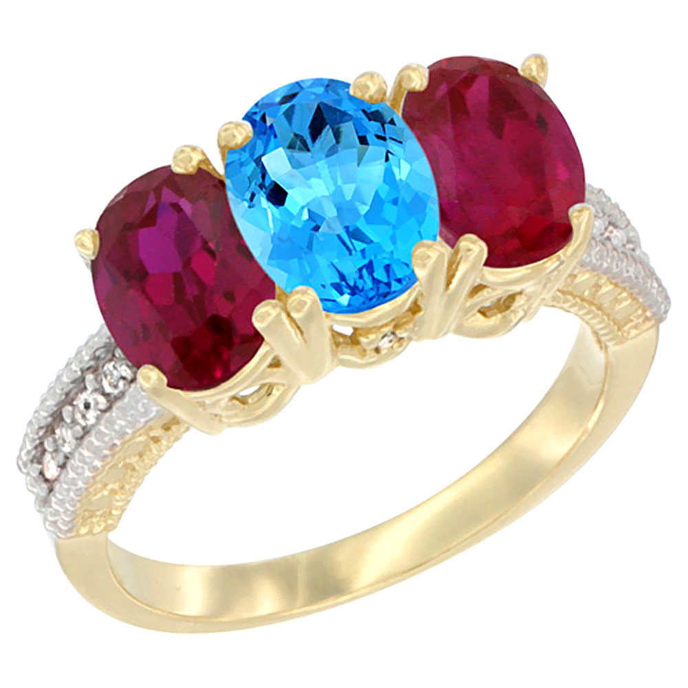 10K Yellow Gold Natural Swiss Blue Topaz &amp; Enhanced Ruby Ring 3-Stone Oval 7x5 mm, sizes 5 - 10
