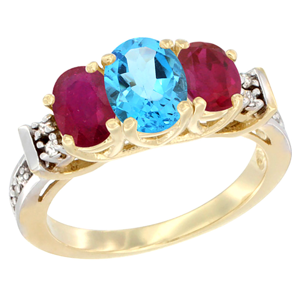 10K Yellow Gold Natural Swiss Blue Topaz & Enhanced Ruby Ring 3-Stone Oval Diamond Accent