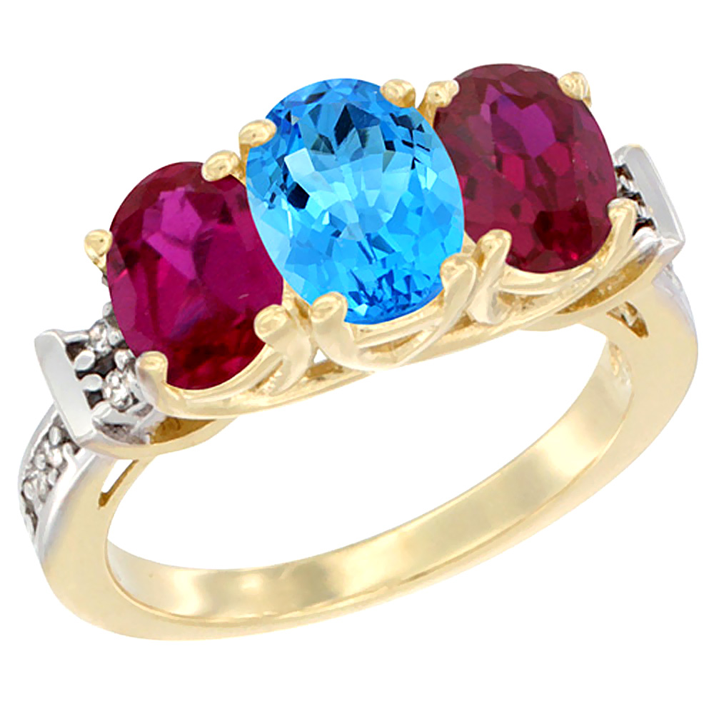 14K Yellow Gold Natural Swiss Blue Topaz &amp; Enhanced Ruby Sides Ring 3-Stone Oval Diamond Accent, sizes 5 - 10