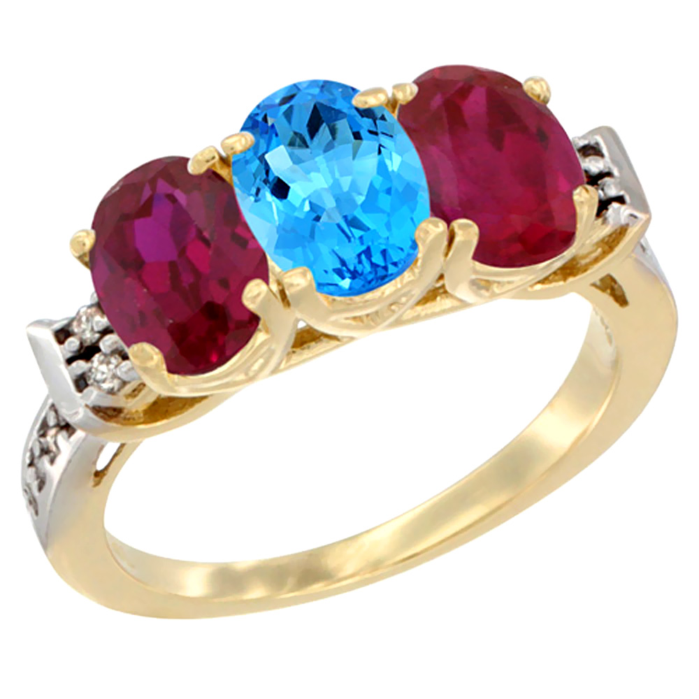 14K Yellow Gold Natural Swiss Blue Topaz &amp; Enhanced Ruby Sides Ring 3-Stone Oval 7x5 mm Diamond Accent, sizes 5 - 10