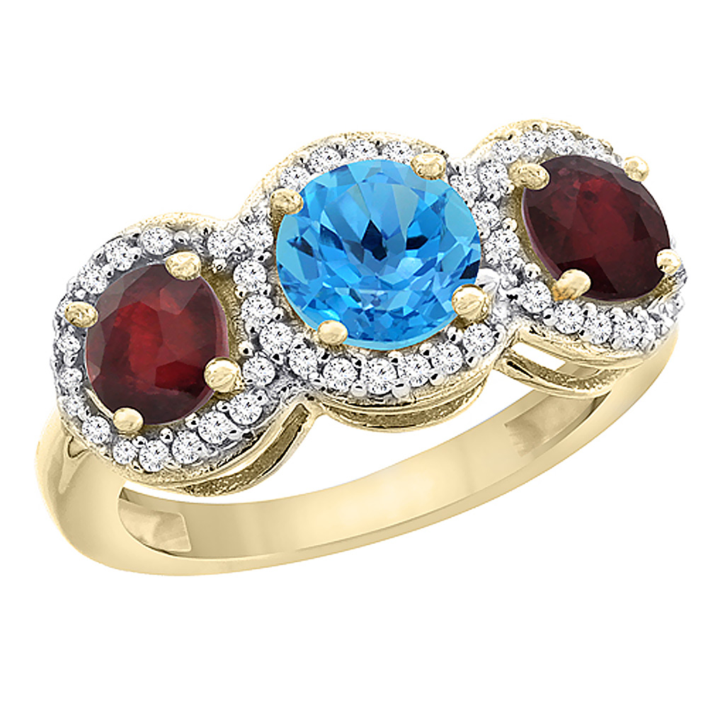 10K Yellow Gold Natural Swiss Blue Topaz &amp; Enhanced Ruby Sides Round 3-stone Ring Diamond Accents, sizes 5 - 10